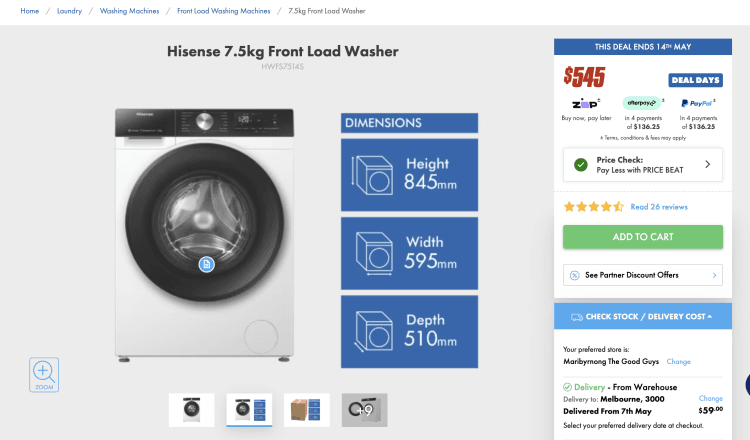 The Good Guys: Hisense 7.5kg Front Load Washer (HWFS7514S) – $521 with Price Beat